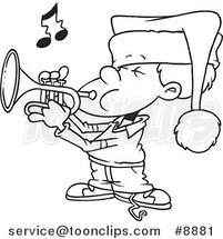 Cartoon Black and White Line Drawing of a Boy Playing Christmas Music on a Trumpet by Toonaday
