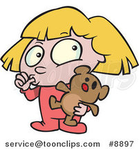 Cartoon Girl Sucking Her Thumb and Holding a Teddy Bear by Toonaday