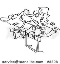 Cartoon Black and White Line Drawing of a Racing Businessman and Lady Jumping over a Hurdle by Toonaday
