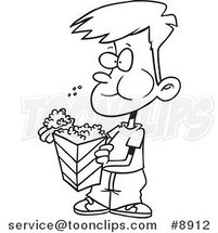 Cartoon Black and White Line Drawing of a Boy Eating Popcorn by Toonaday