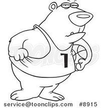 Cartoon Black and White Line Drawing of a Basketball Bear by Toonaday