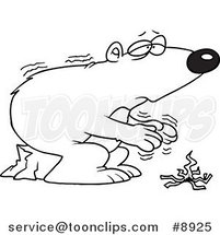 Cartoon Black and White Line Drawing of a Cold Polar Bear by a Fire by Toonaday