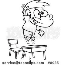 Cartoon Black and White Line Drawing of a School Boy Jumping over His Desk by Toonaday