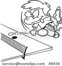 Cartoon Black and White Line Drawing of a Boy Holding a Hot Dog and Playing Ping Pong by Toonaday