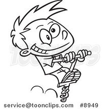 Cartoon Black and White Line Drawing of a Boy Using a Pogo Stick by Toonaday