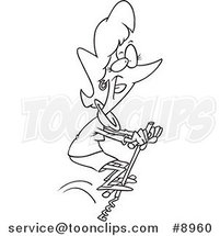 Cartoon Black and White Line Drawing of a Business Woman Jumping on a Pogo Stick by Toonaday