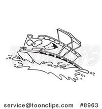 Cartoon Black and White Line Drawing of a Pontoon Boat Character by Toonaday