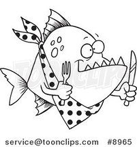 Cartoon Black and White Line Drawing of a Hungry Piranha Fish by Toonaday