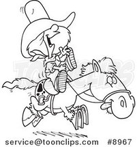 Cartoon Black and White Line Drawing of a Cowgirl Riding a Pony by Toonaday