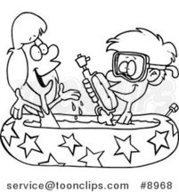Cartoon Black and White Line Drawing of a Boy and Girl Playing in a Kiddie Pool by Toonaday
