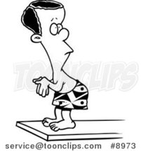 Cartoon Black and White Line Drawing of a Black Boy on a Diving Board by Toonaday