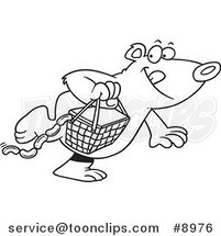 Cartoon Black and White Line Drawing of a Bear Stealing a Picnic Basket by Toonaday