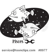 Cartoon Black and White Line Drawing of a Pisces Astrology Fish over a Black Oval by Toonaday