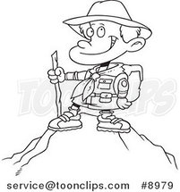 Cartoon Black and White Line Drawing of a Boy on Top of a Mountain by Toonaday