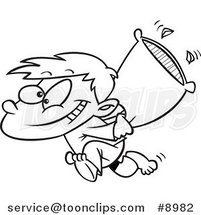 Cartoon Black and White Line Drawing of a Boy Starting a Pillow Fight by Toonaday