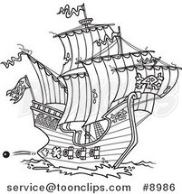 Cartoon Black and White Line Drawing of a Pirate Ship Shooting Cannons by Toonaday