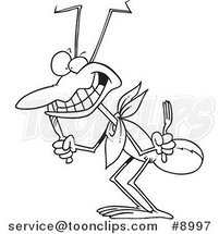 Cartoon Black and White Line Drawing of a Hungry Ant by Toonaday