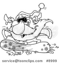 Cartoon Black and White Line Drawing of Santa Snowboarding by Toonaday