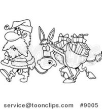 Cartoon Black and White Line Drawing of Santa Walking with a Donkey by Toonaday