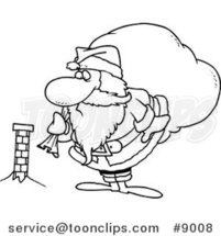 Cartoon Black and White Line Drawing of Santa Inspecting a Tiny Chimney by Toonaday