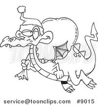 Cartoon Black and White Line Drawing of a Santa Dragon by Toonaday