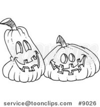 Cartoon Black and White Line Drawing of Happy Jackolanterns by Toonaday