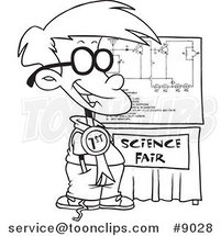 Cartoon Black and White Line Drawing of a Science Fair Boy by Toonaday