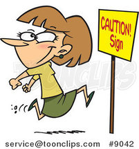 Cartoon Lady Running past a Caution Sign by Toonaday