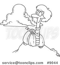 Cartoon Black and White Line Drawing of a Lady on a Scooter on Top of a Mountain by Toonaday