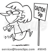 Cartoon Black and White Line Drawing of a Lady Running past a Caution Sign by Toonaday