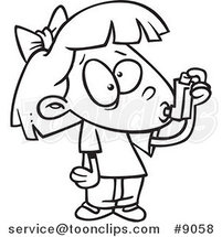 Cartoon Black and White Line Drawing of an Asthmatic Girl Using Her Inhaler Puffer by Toonaday