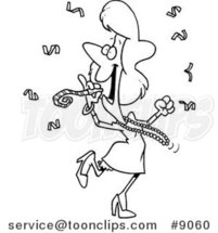 Cartoon Black and White Line Drawing of a Celebrating Lady by Toonaday