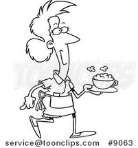 Cartoon Black and White Line Drawing of a Waitress Serving Cappuccino by Toonaday