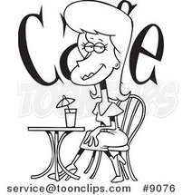 Cartoon Black and White Line Drawing of a Beautiful Lady Cafe by Toonaday