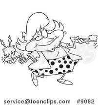 Cartoon Black and White Line Drawing of a Lady Eating Birthday Cake by Toonaday