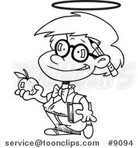 Cartoon Black and White Line Drawing of an Innocent School Boy with an Apple by Toonaday
