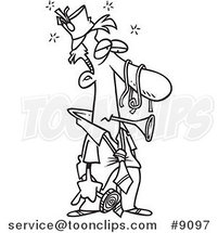 Cartoon Black and White Line Drawing of a Tired Business Man After a Party by Toonaday