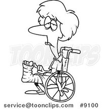 Cartoon Black and White Line Drawing of a Depressed Lady in a Wheelchair by Toonaday