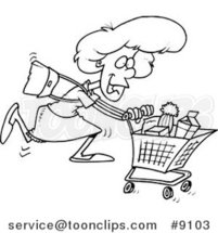 Cartoon Black and White Line Drawing of a Grocery Shopping Lady by Toonaday