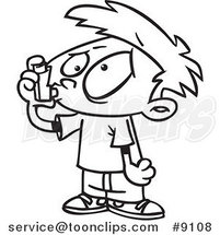 Cartoon Black and White Line Drawing of an Asthmatic Boy Using an Inhaler by Toonaday