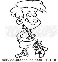 Cartoon Black and White Line Drawing of a Posing Soccer Boy by Toonaday