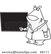 Cartoon Black and White Line Drawing of a Presenter Bear by a Chalkboard by Toonaday