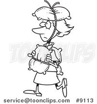 Cartoon Black and White Line Drawing of a Cautious Lady Covered in Pillows by Toonaday