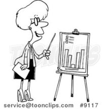 Cartoon Black and White Line Drawing of a Business Woman Presenting a Bar Graph by Toonaday