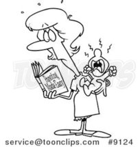 Cartoon Black and White Line Drawing of a New Mom Reading a Parenting Book by Toonaday