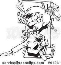 Cartoon Black and White Line Drawing of a Lady with a Messy Closet by Toonaday