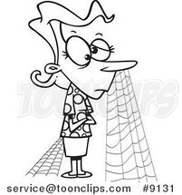 Cartoon Black and White Line Drawing of a Patient Lady with Cobwebs by Toonaday