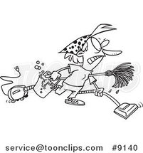 Cartoon Black and White Line Drawing of a Grumpy Lady Spring Cleaning by Toonaday
