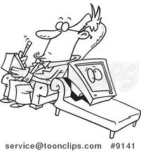 Cartoon Black and White Line Drawing of a Computer in Therapy by Toonaday