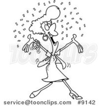 Cartoon Black and White Line Drawing of a Happy Lady in Confetti by Toonaday
